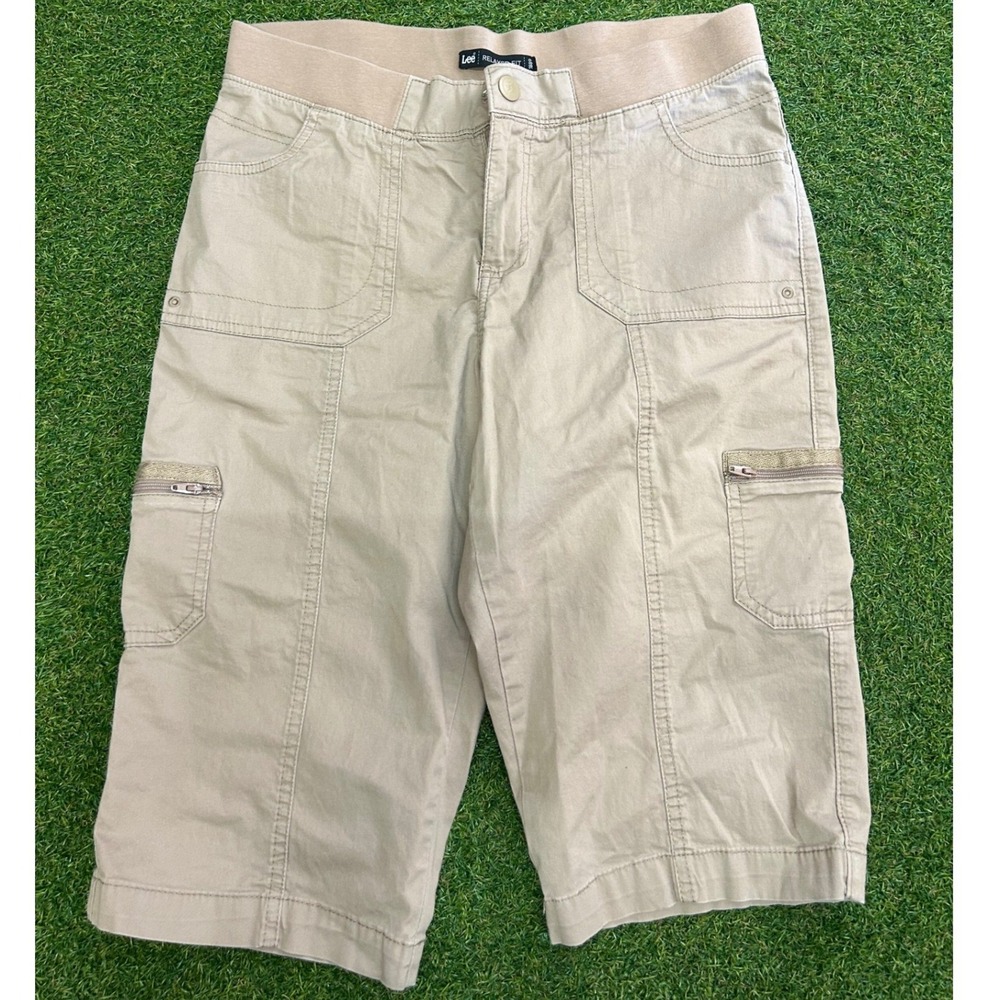 Lee Relaxed Fit Cargo Shorts Tan Khaki Elastic Waist Utility Pockets Mens 32
